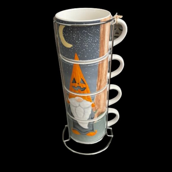 Halloween Fall Pumpkin Gnome Stackable Coffee Cups w/ Holder - Picture 3 of 7